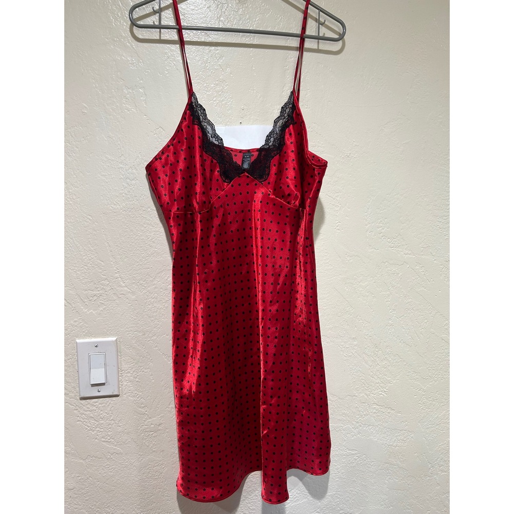 Ambrielle‎ Red Satin Polka Dot Chemise Nightgown Lace Trim XL